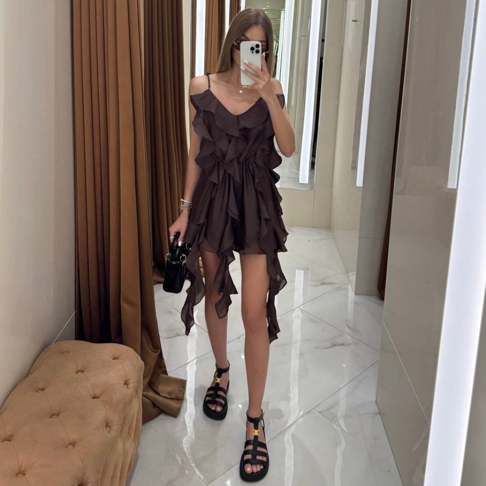 Miss Diamond Ruffle Romper | Chocolate Brown | XS/S | NWOT Vacation Party Outfit